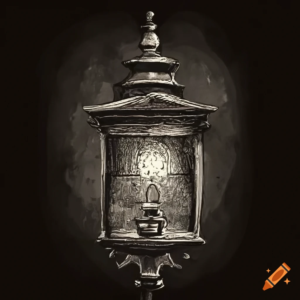Monochromatic coat of arms with a lantern in the night on a dark backdrop