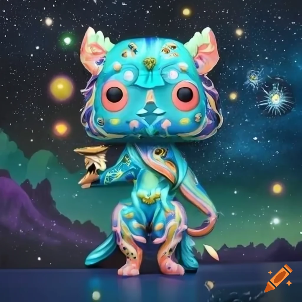 Funko Pop world in tribal ancient art landscape with cosmos and milky way elements