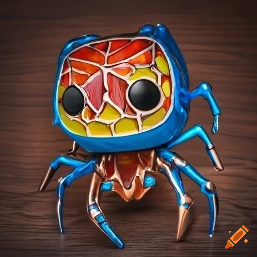 Funko Pop world with Joro Spider stained glass art on dark wood background