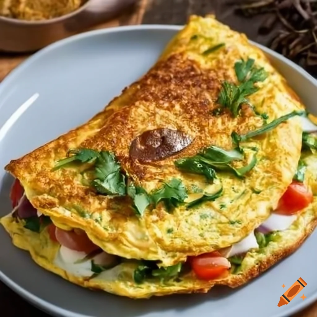 Savory Crunchy Critter Omelette filled with crispy greens, crunchy bugs, and fluffy eggs