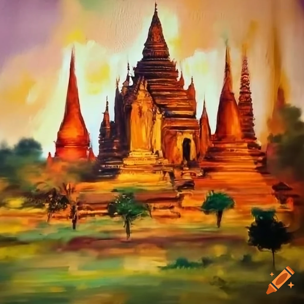 Bagan pagodas with monks and palm trees in Myanmar sketch