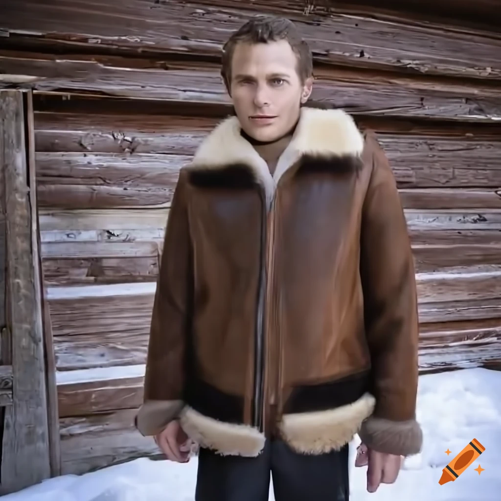 Young man in sheepskin bomber jacket and leather trousers standing in barn doorway