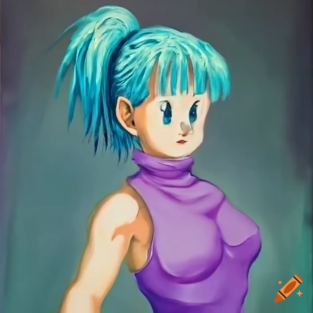 Character with turquoise hair in purple outfit lying on bed on Craiyon