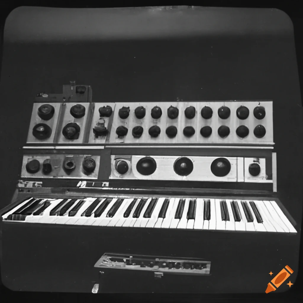 1960's b&w photograph of a dalek in a room full of synthesizers on Craiyon