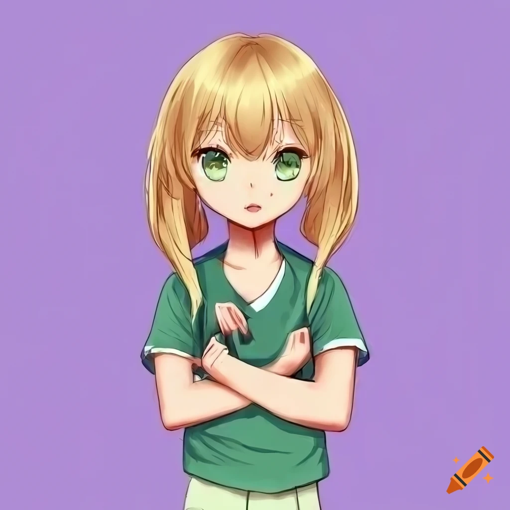 Anime girl with blonde hair and green eyes in a pink sleeveless t-shirt