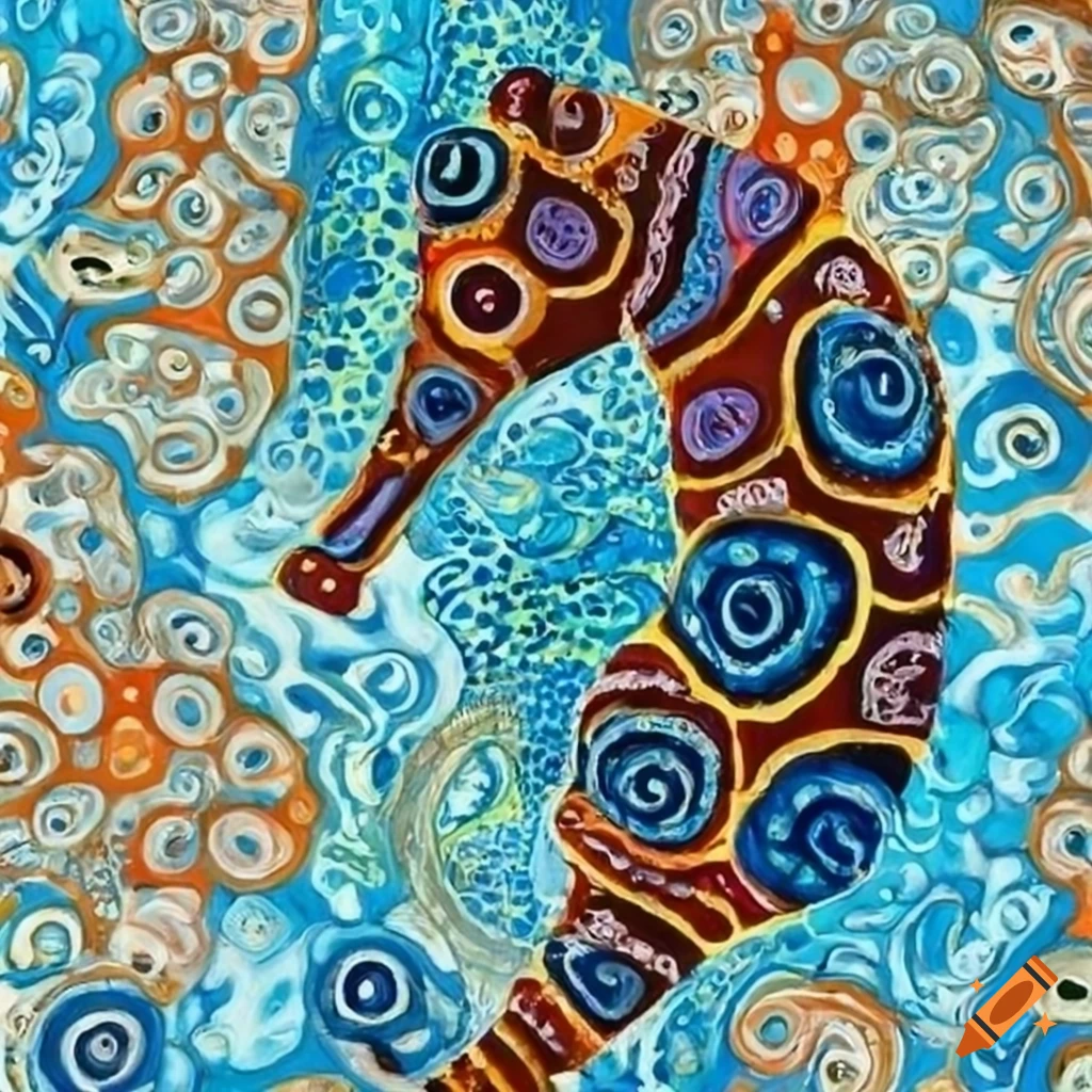 Aboriginal-inspired seahorse in blues and golds by Klimt