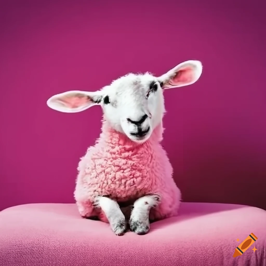 Playful sheep on a pink sofa with a 2000s boombox