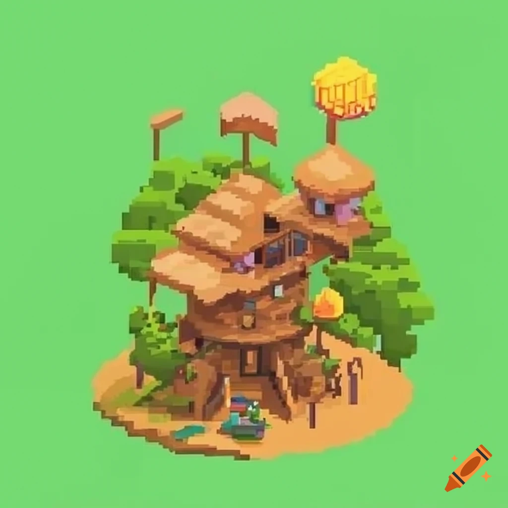 Isometric pixel art whimsical treehouse castle on a bright summer day