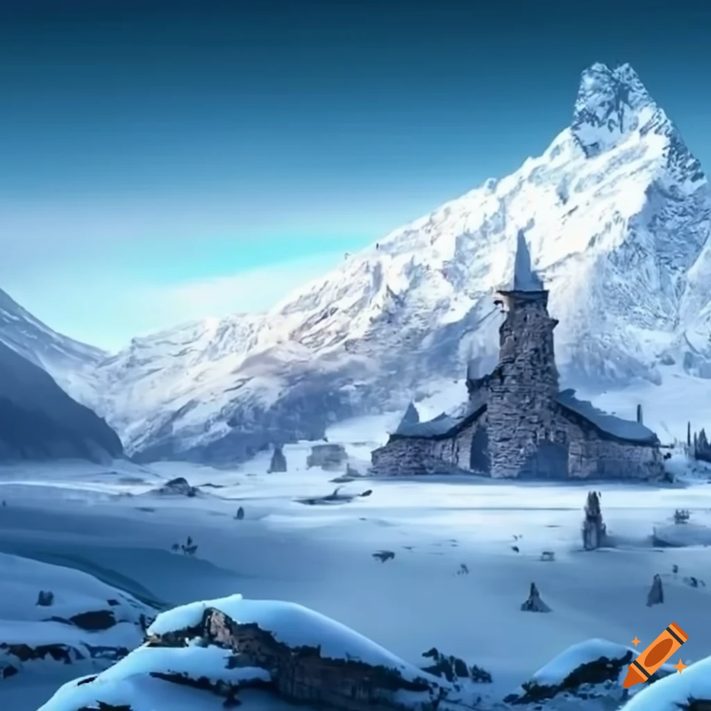 Snowy mountainside view of a ruined medieval town on Craiyon