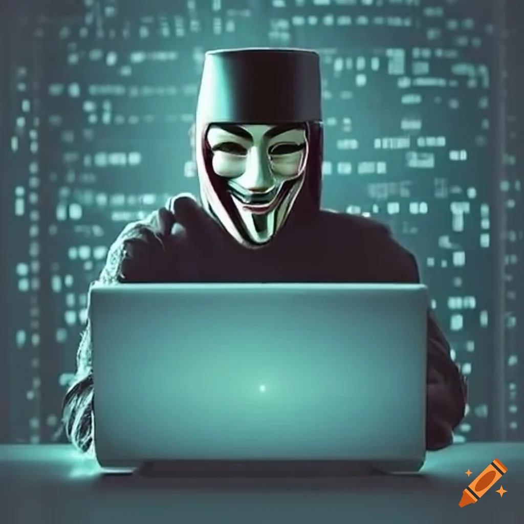 V for vendetta looking at hacked computer screen on craiyon