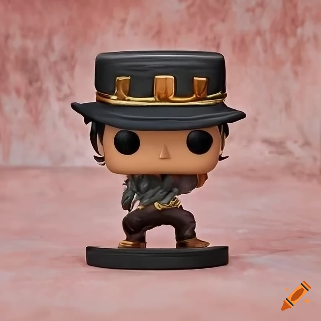 Funko Pop figurine of Jotaro Kujo on a dark red cement background