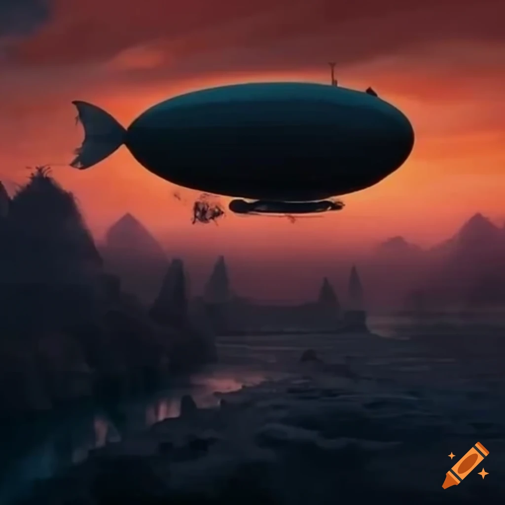 Dusk scene with a rising zeppelin