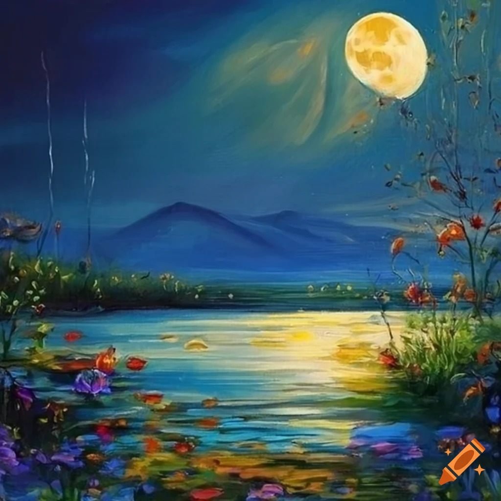 Beautiful lake with wildflowers under the moonlight in an oil painting