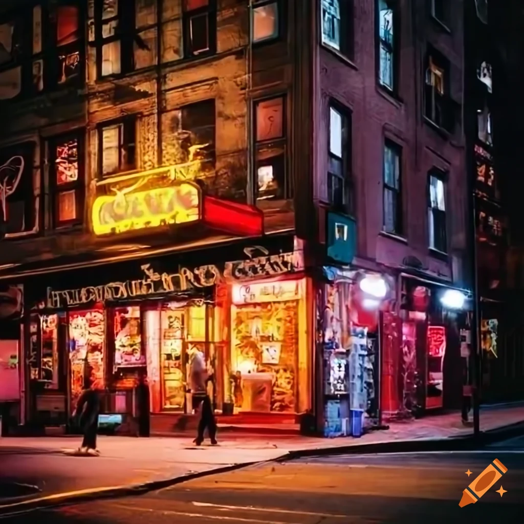 New York bodega-style store at night with illuminated yellow sign