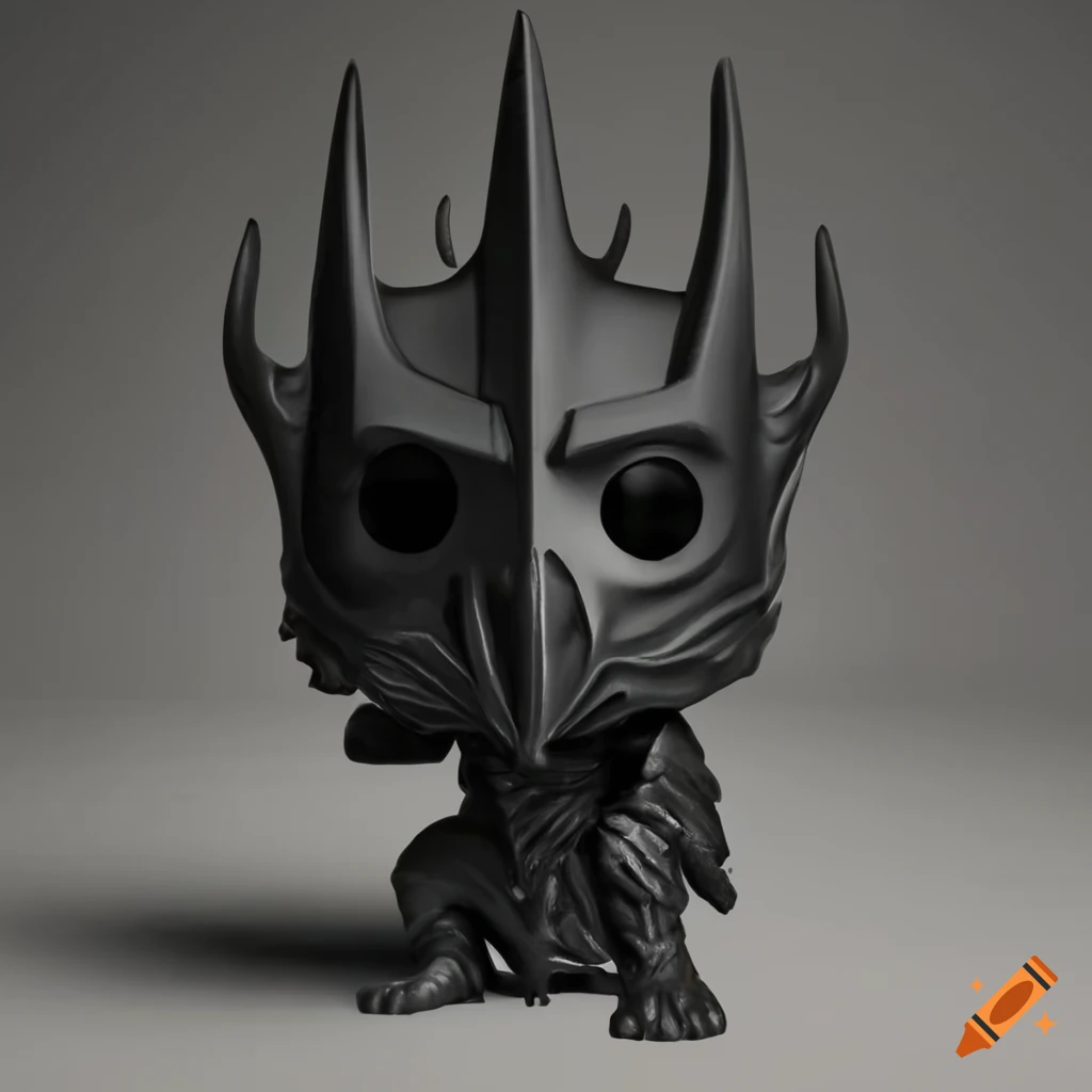Funko pop figurine of Sauron with dark aluminum copper plating and fire flames background