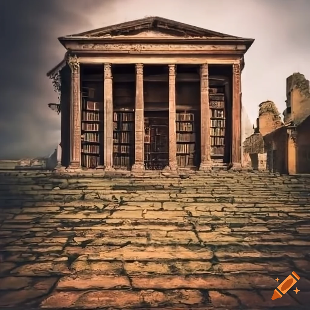 Exterior view of an ancient library on Craiyon