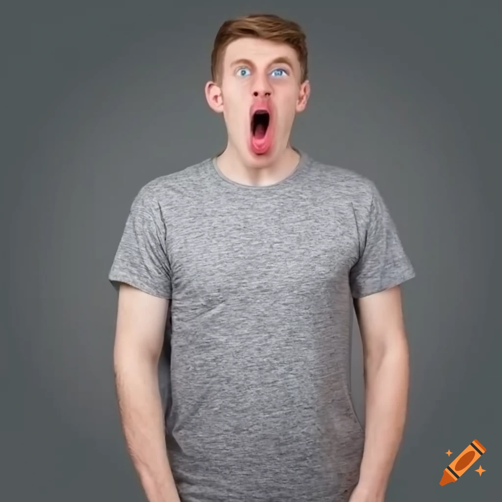 Young man with blue eyes wearing a heather gray t-shirt looking terrified