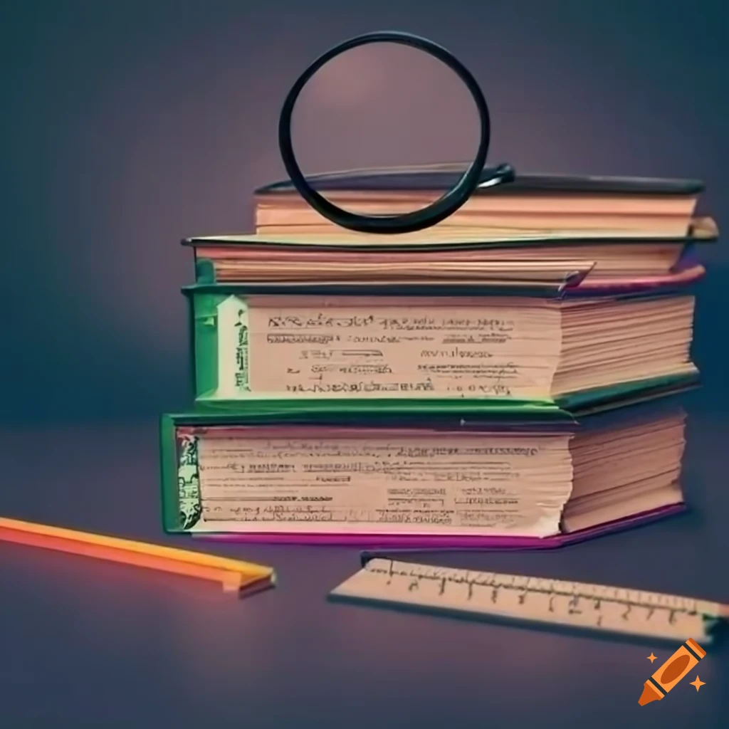 Stack of textbooks with mathematical symbols, pencils, ruler, and magnifying glass