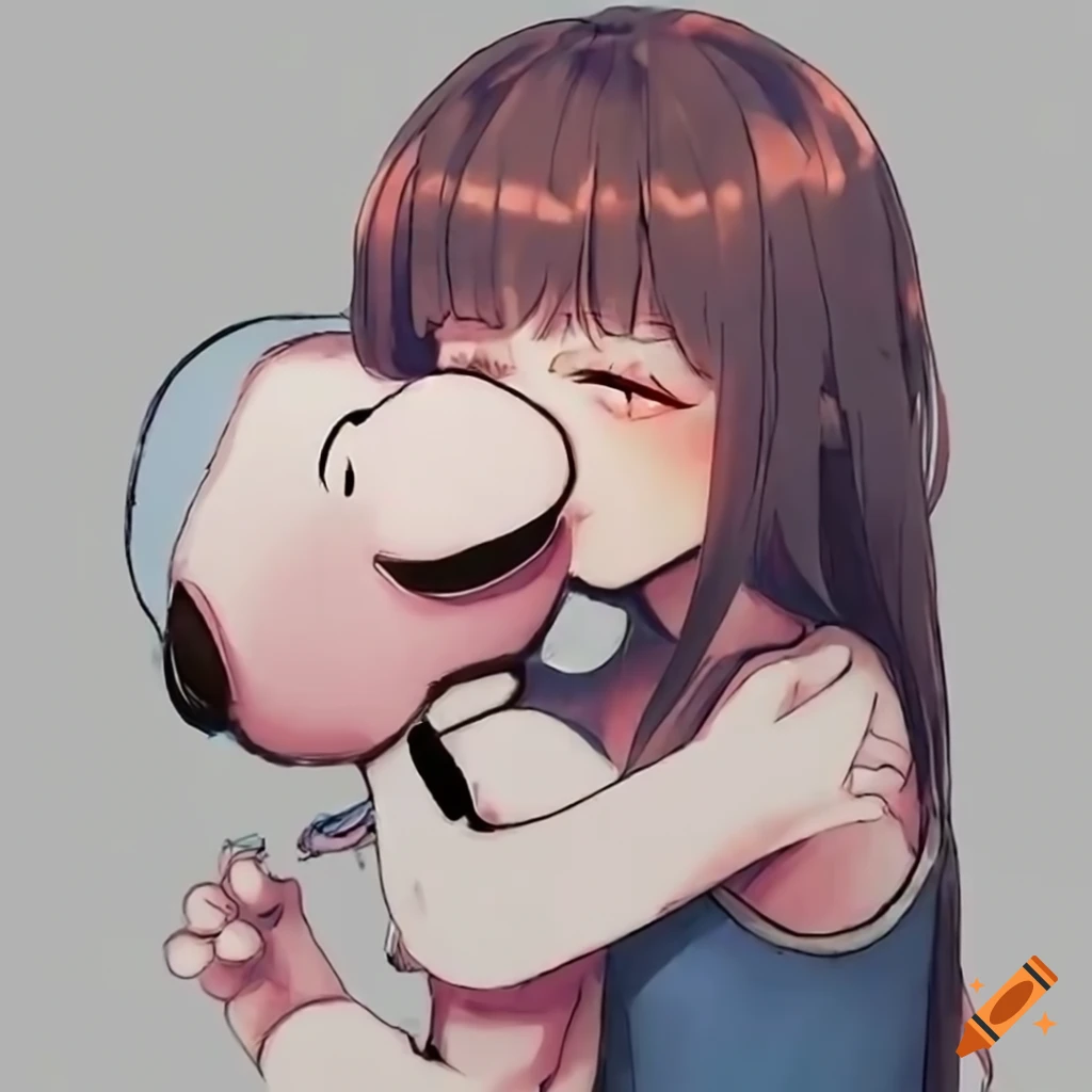 Anime girl hugging Snoopy and crying tears of joy