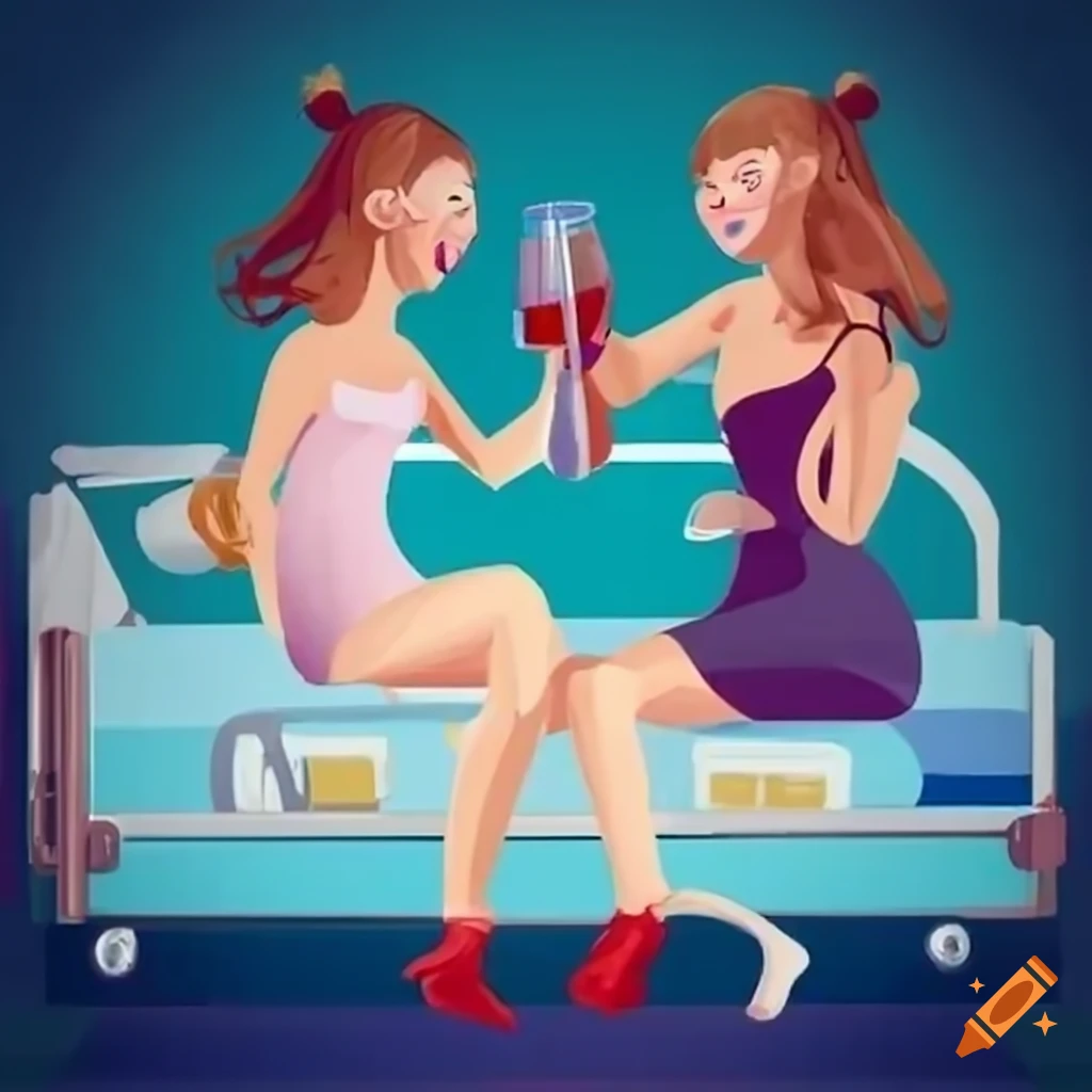 Two women in a hospital room with a drink spill accident
