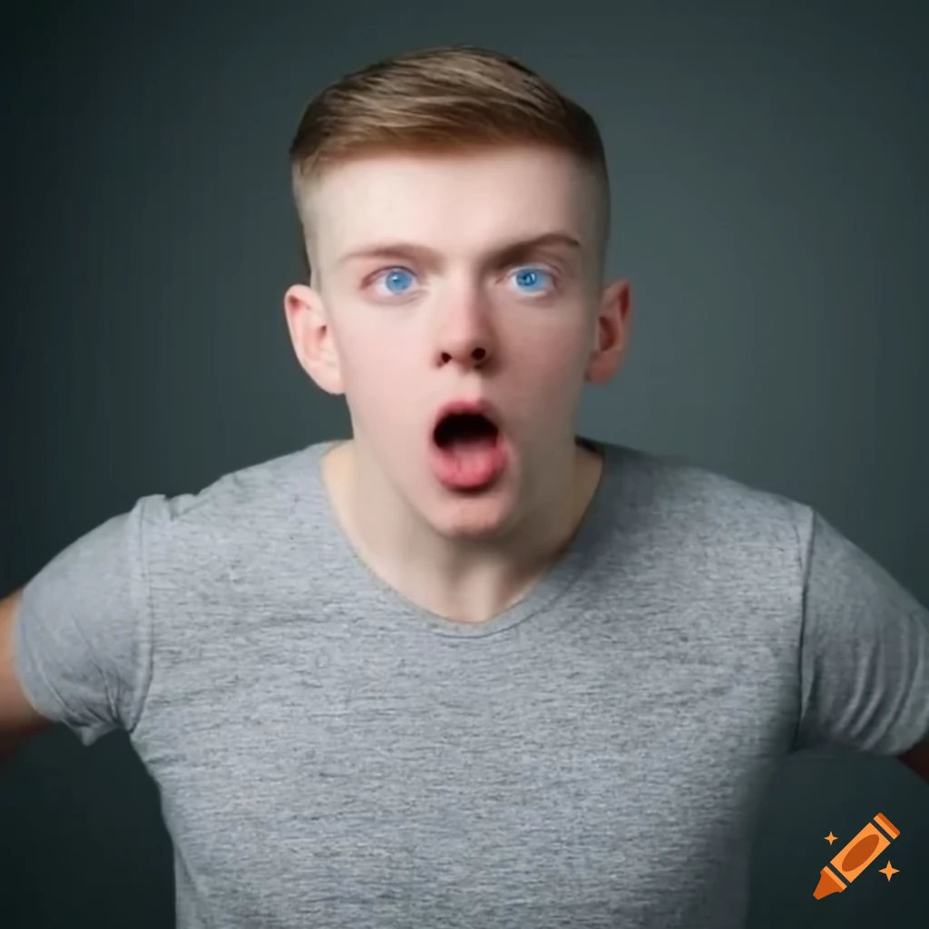 Handsome white guy with blue eyes wearing heather gray t-shirt looking terrified