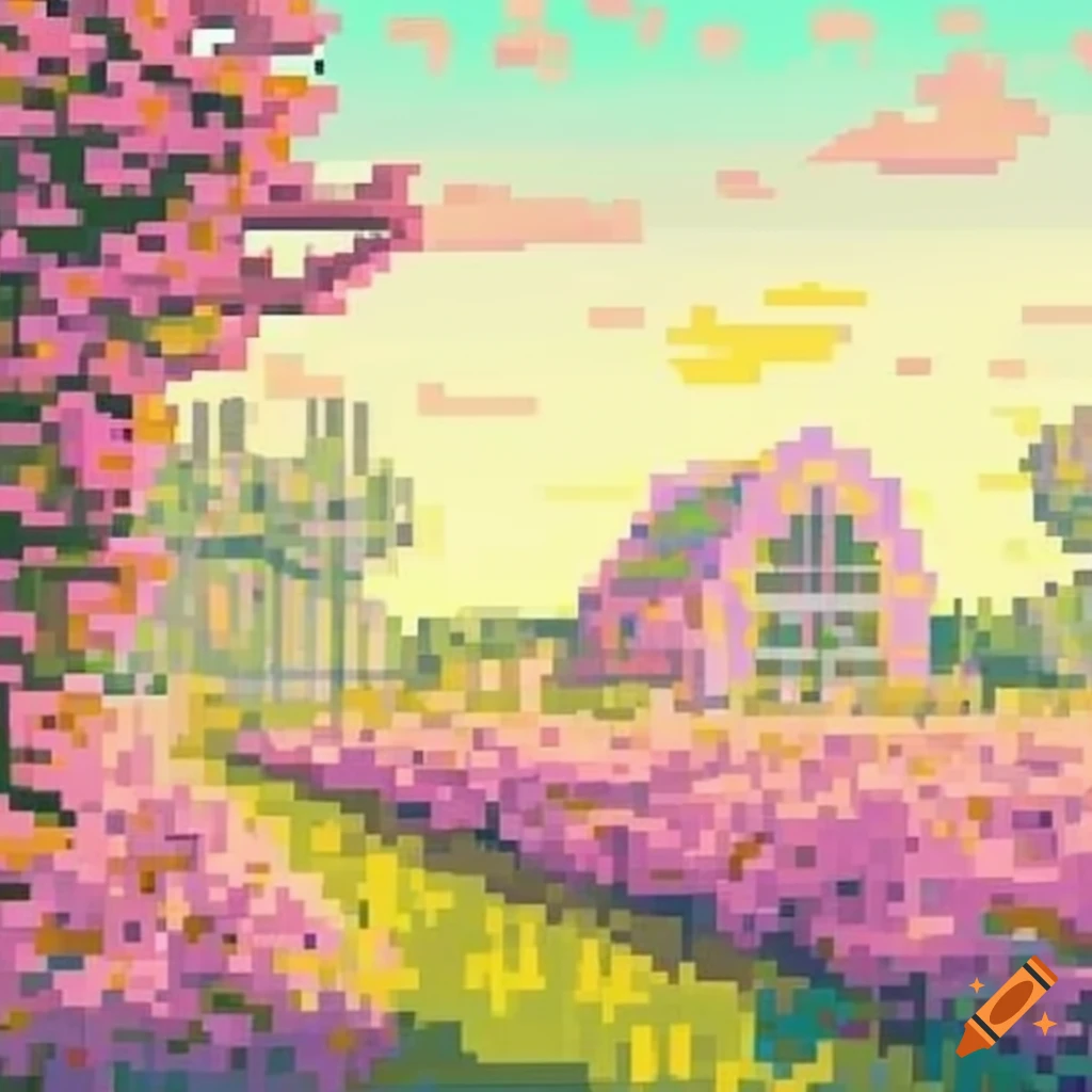 Pixel art pastel greenhouse surrounded by blossoming flowers