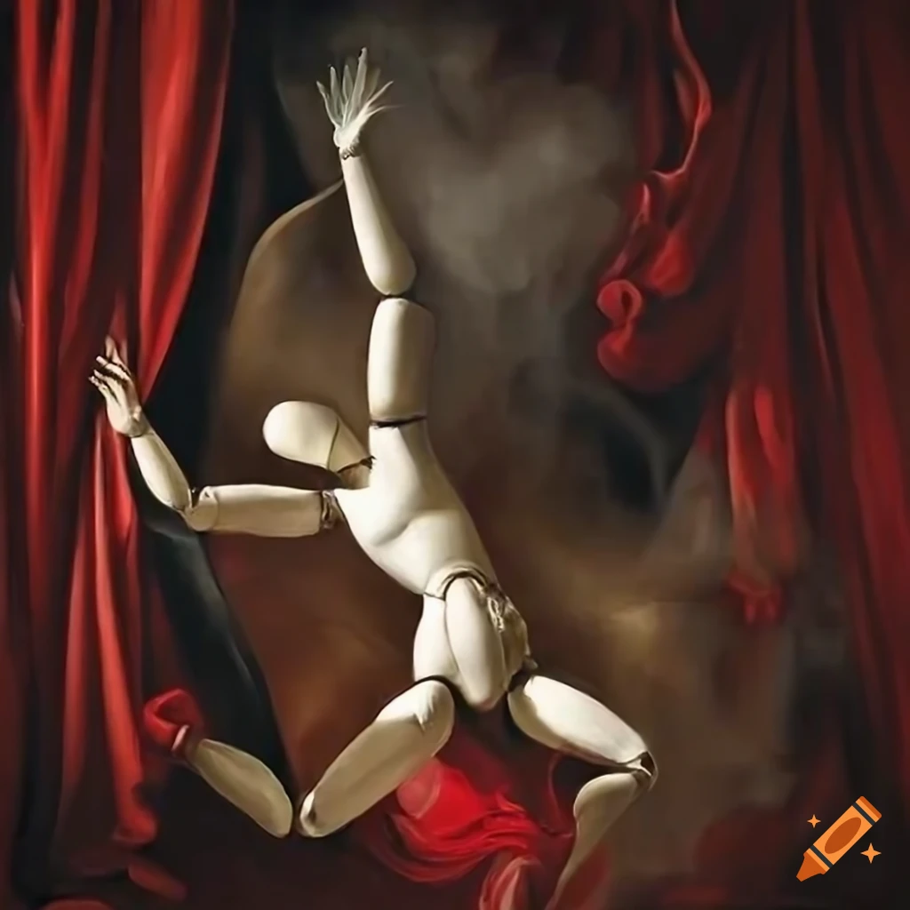 Baroque oil painting of falling mannequin in a void with hints of red