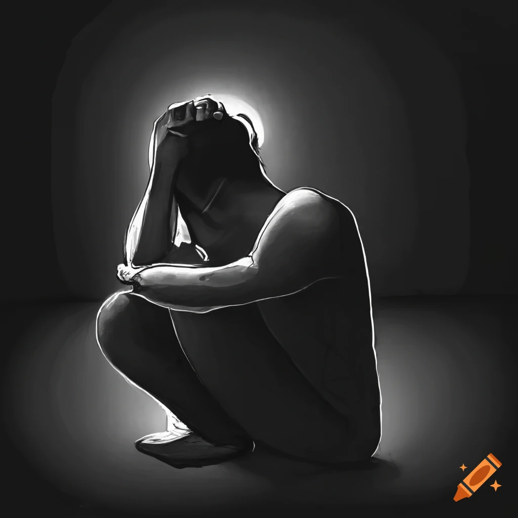 Black and white drawing of a distressed man covering his face in a room with a single ceiling light