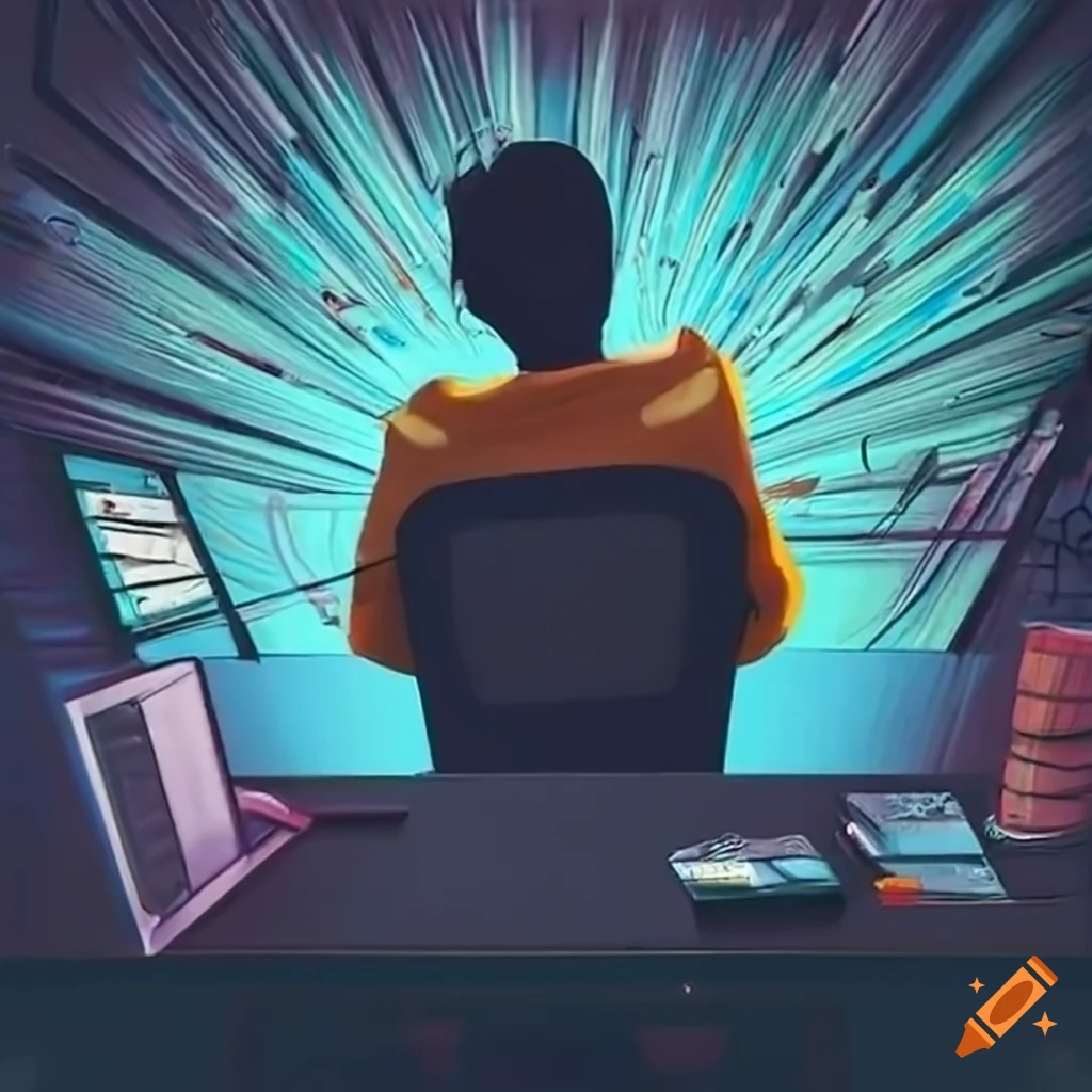 Gaming content streamer at desk seen from behind