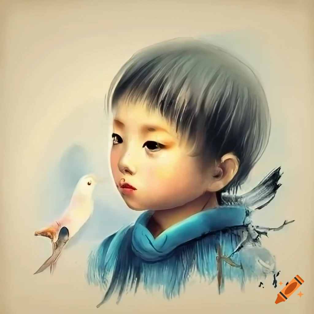 Child survivor in war-torn earth watching peace dove in the sky