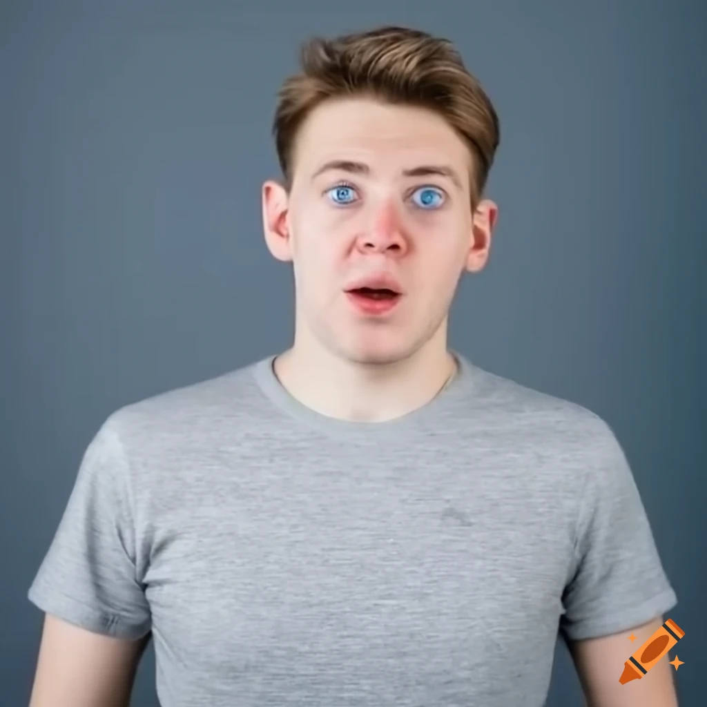 Young man with blue eyes in heather gray t-shirt looking terrified