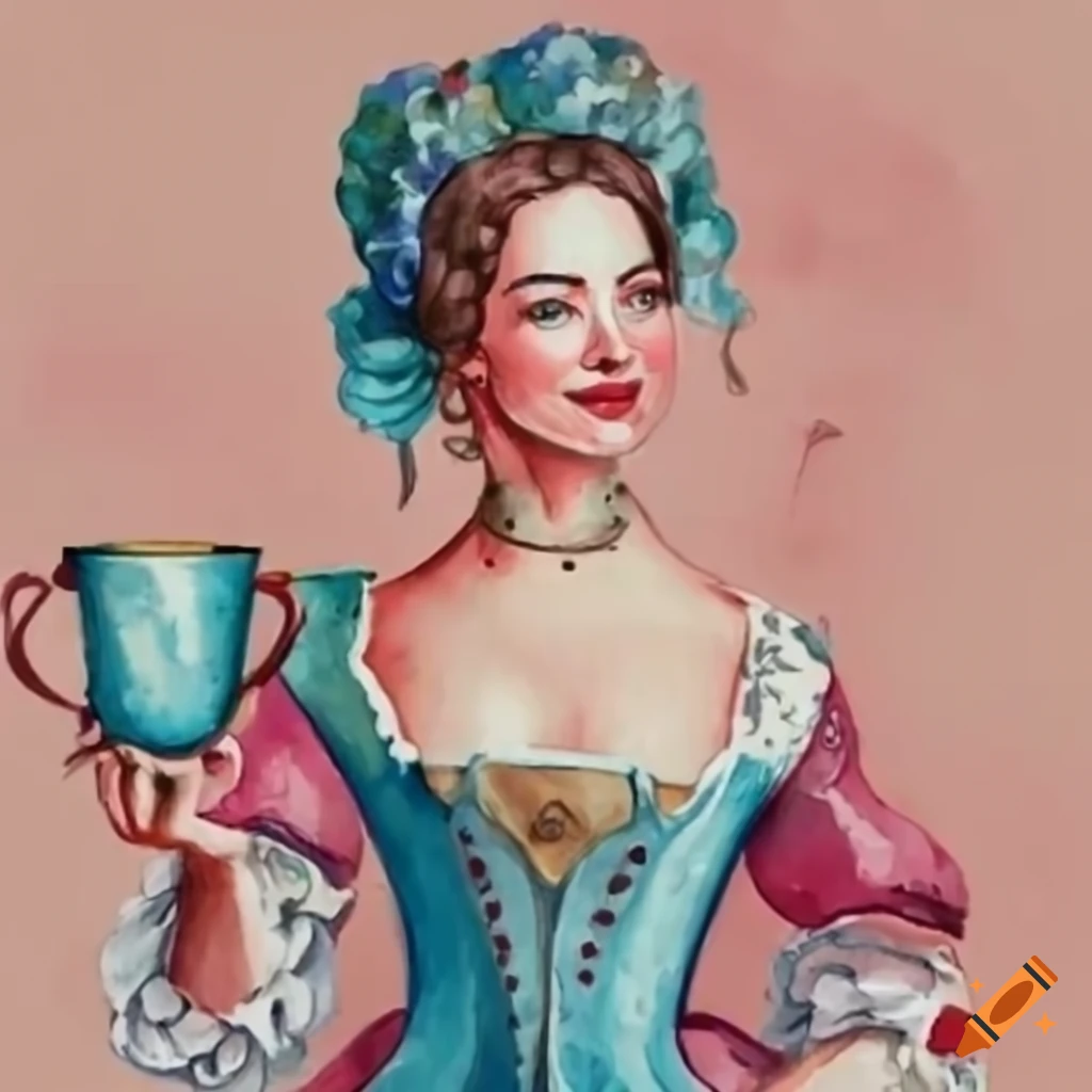 Beautiful smiling woman holding cups in Rococo style