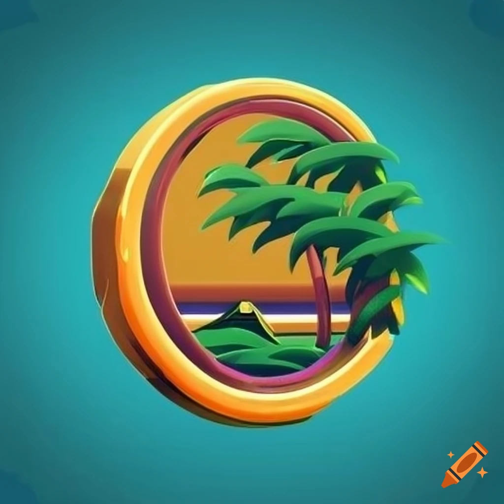 Stylized and vibrant '115 island' emblem with a golden coin