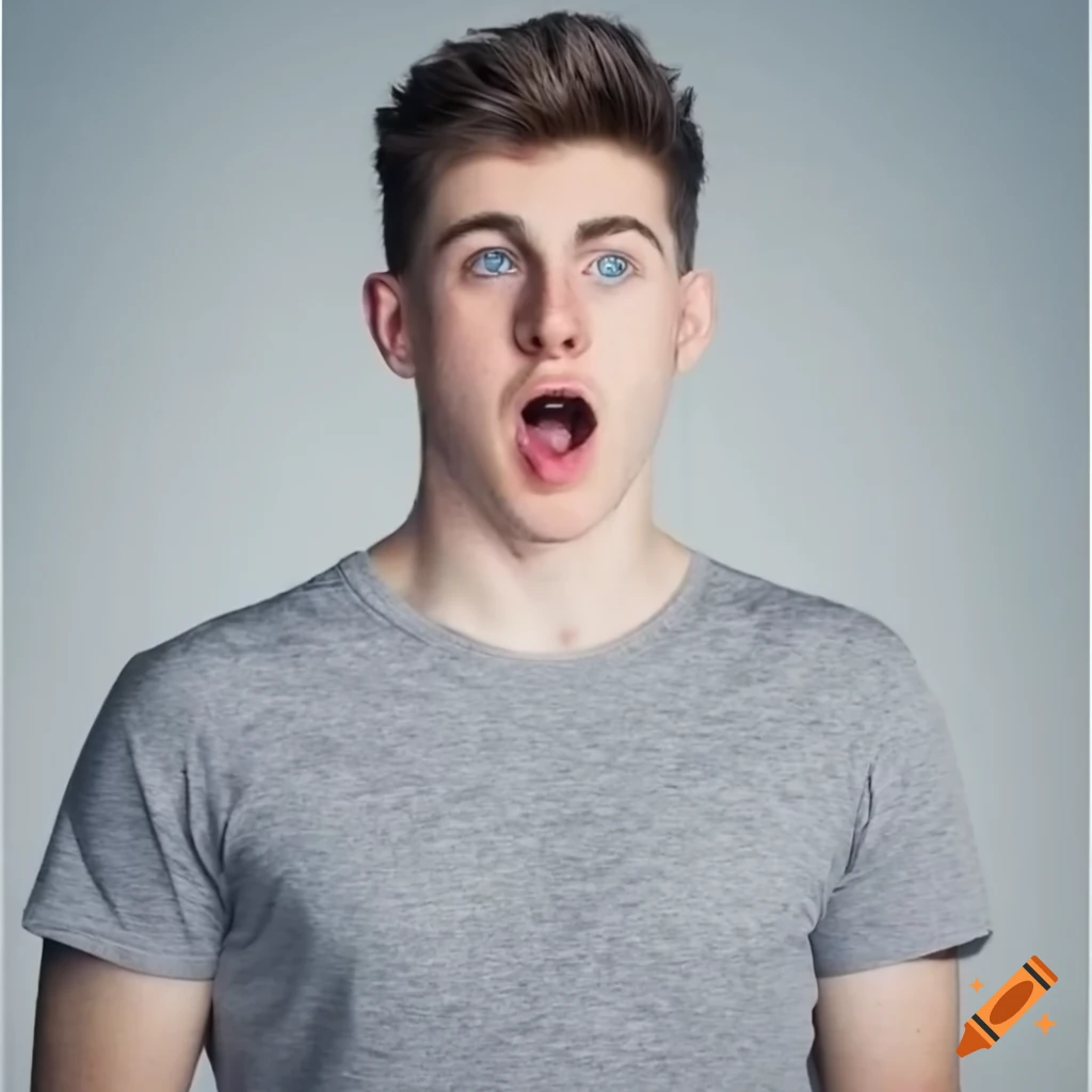 Handsome young man with blue eyes wearing a heather gray t-shirt