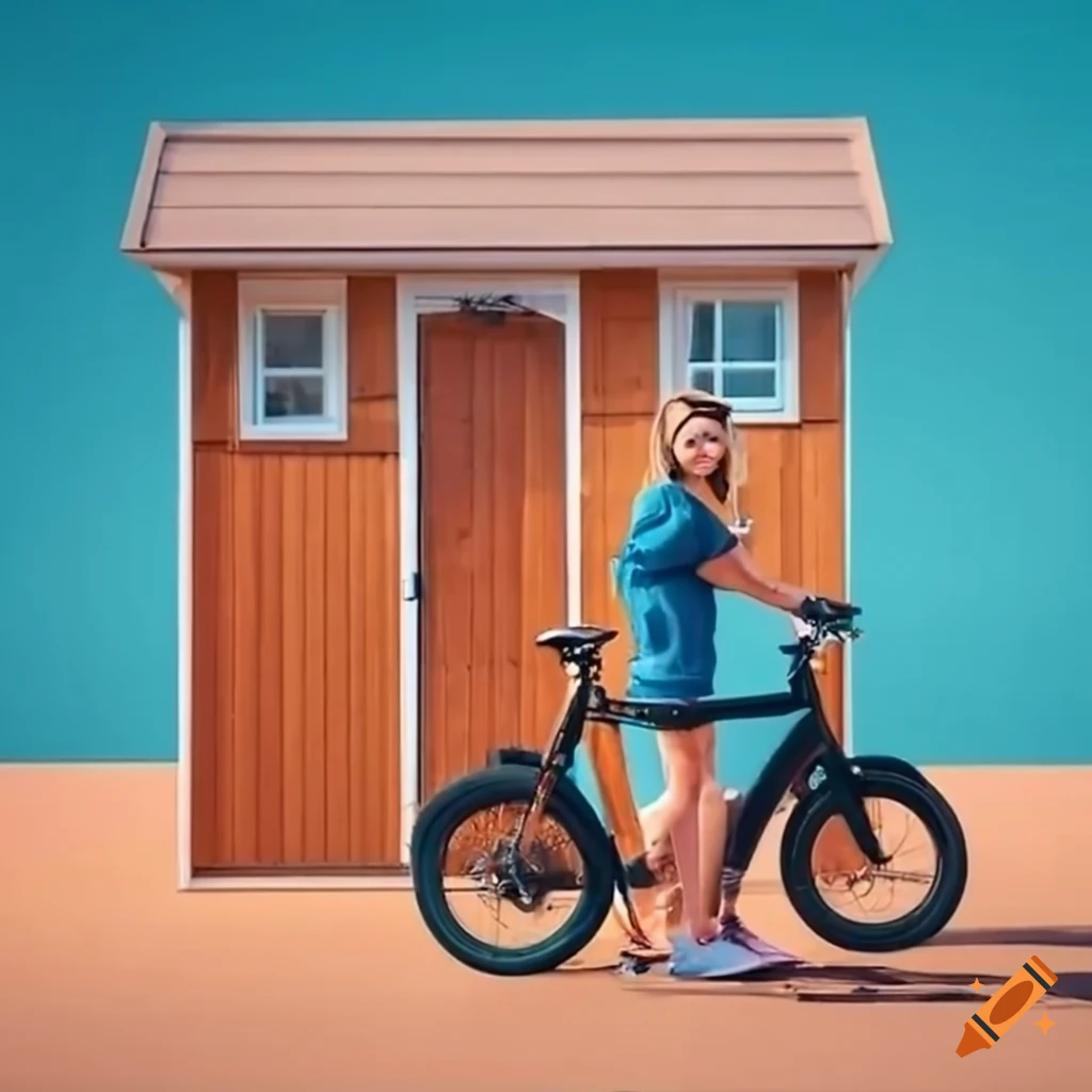 Couple riding electric bikes in front of a tiny house