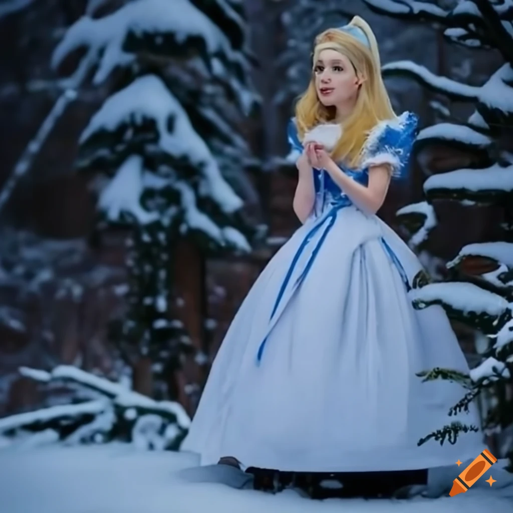 Alice in a winter wonderland scene