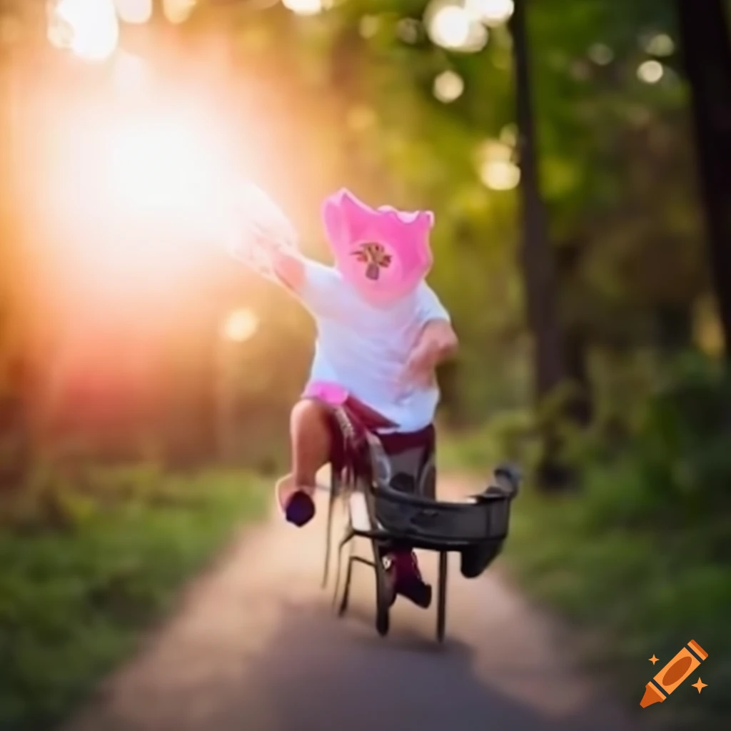 Man riding a cat with a pink mustache on Craiyon