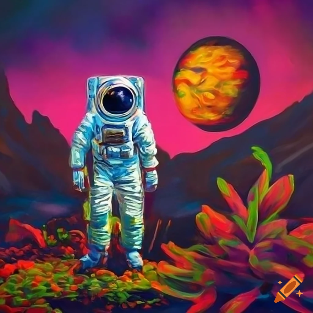 Astronaut exploring alien planet with vibrant colored plants in the ...