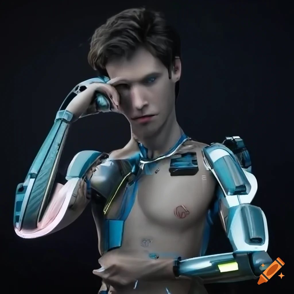 Photorealistic image of a cybernetic male in a futuristic utopian setting