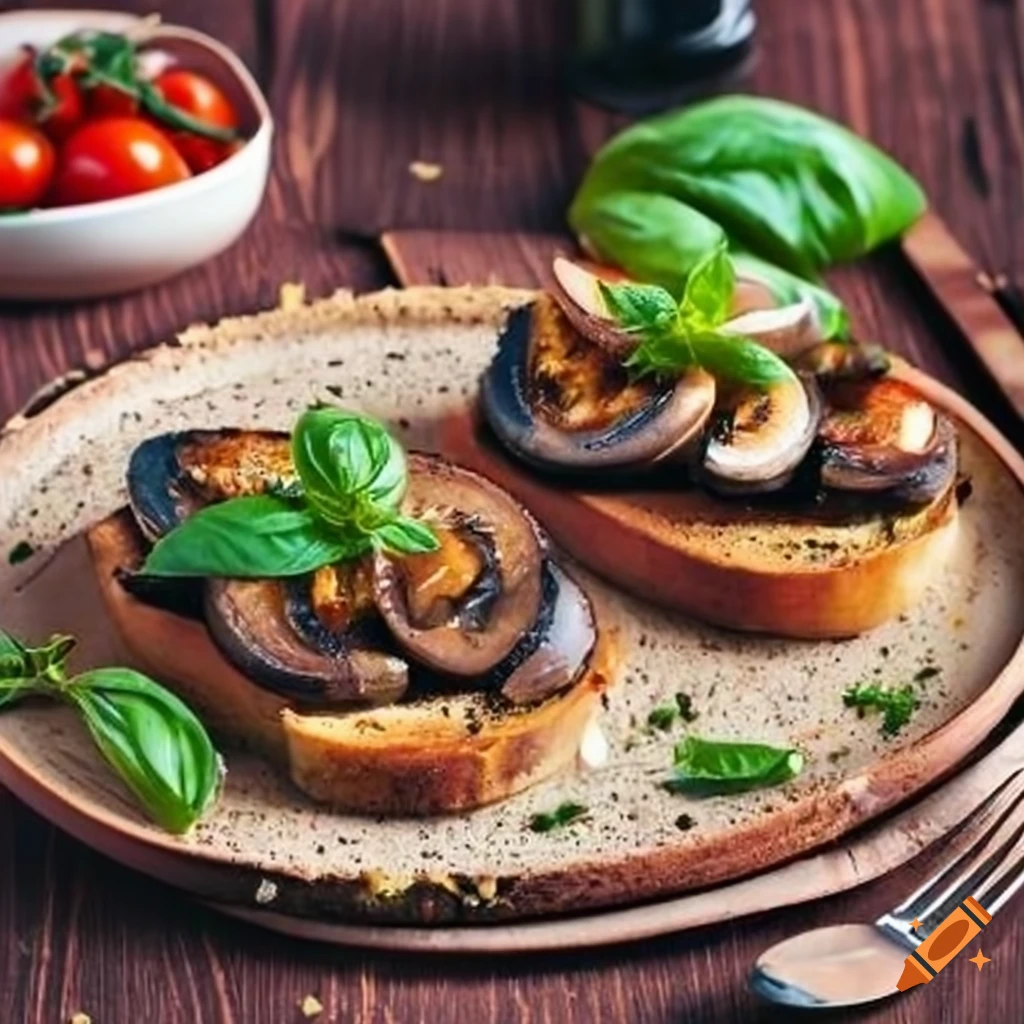 Grilled portobello mushroom bruschetta with fresh basil and cherry