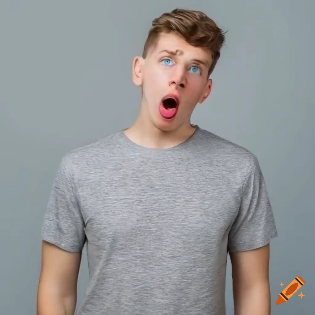 Handsome white man with blue eyes in a heather gray t-shirt looking terrified