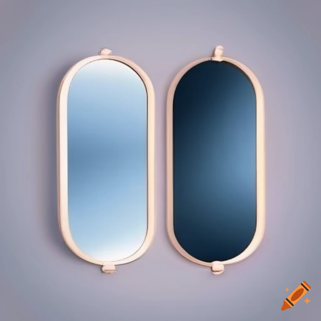 Blueish and reddish mirrors facing each other on a white background on