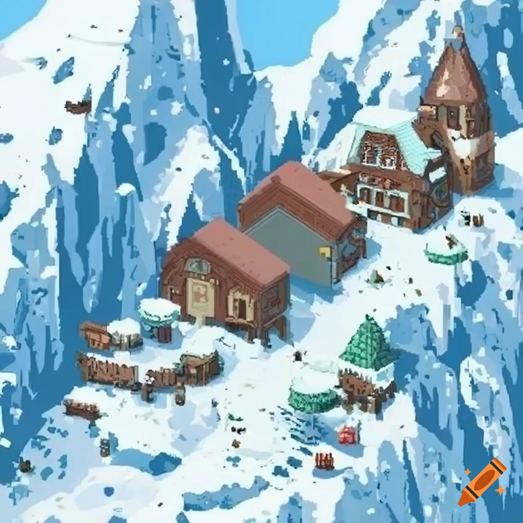 Isometric pixel art map of a fantasy village in a snowy mountain