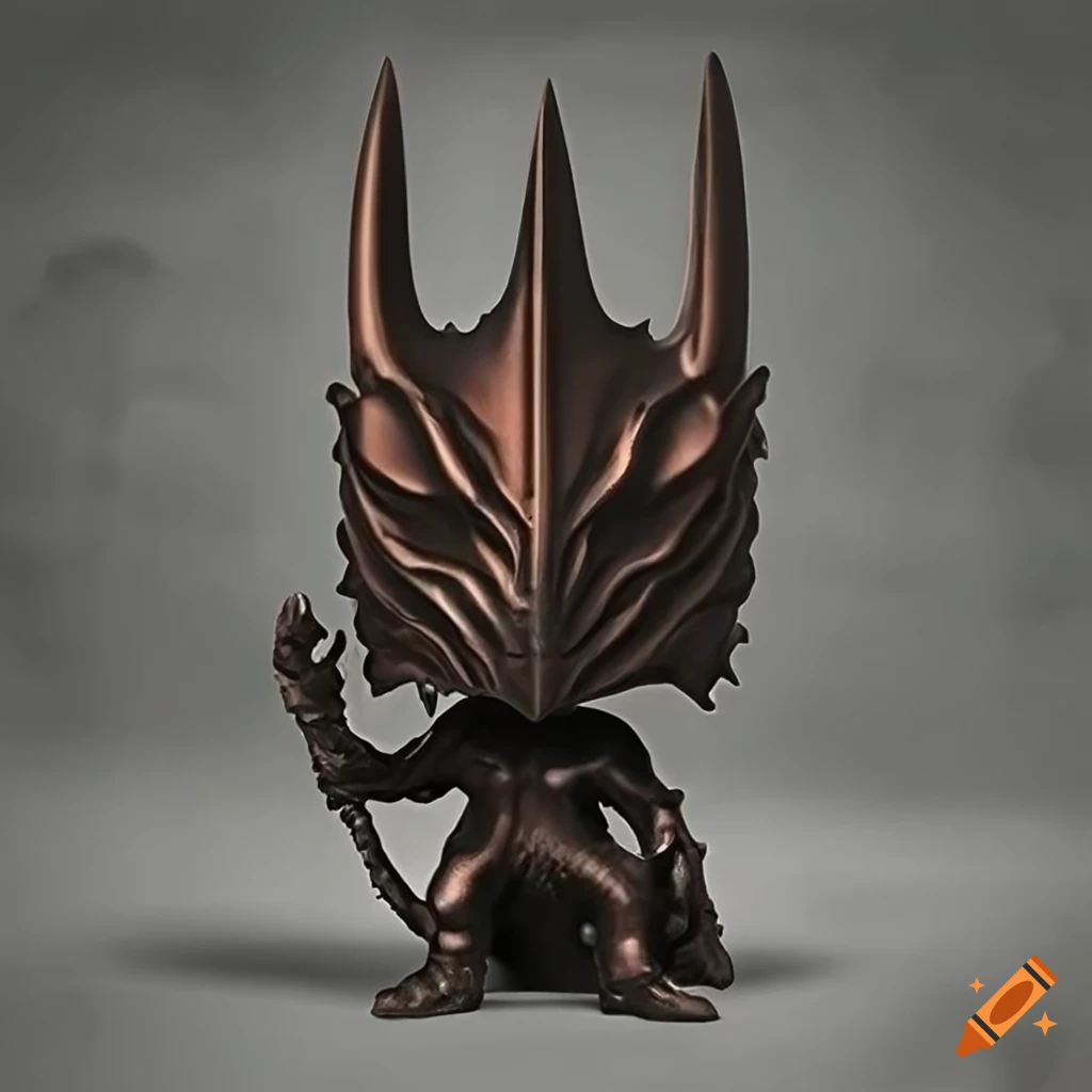 Funko pop figurine of Sauron with dark aluminum copper plating and fire flames background