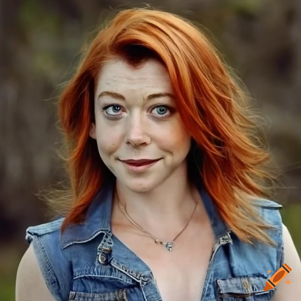 Alyson hannigan in a denim vest showcasing her freckled arms on Craiyon