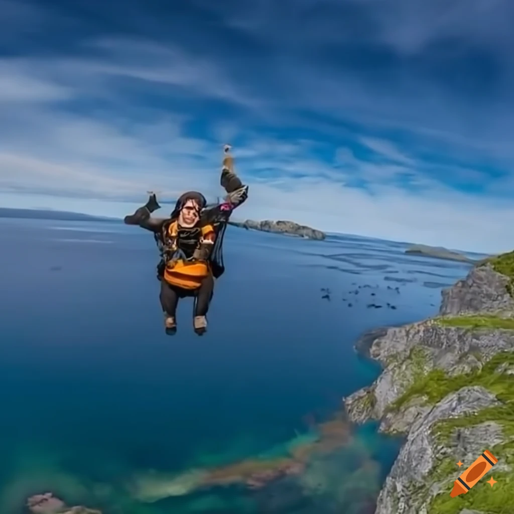 Adventurous woman skydiving over Newfoundland landscape