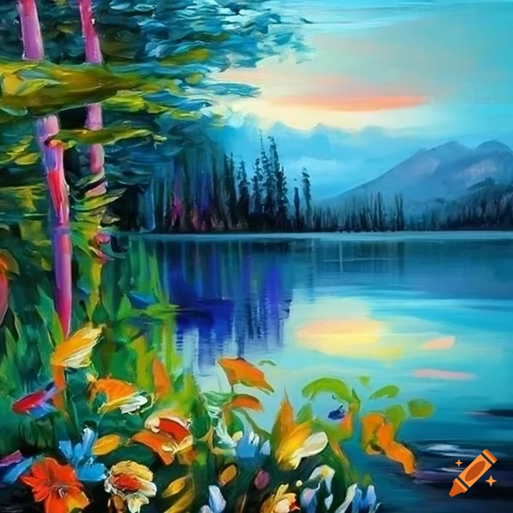 Wildflowers by a beautiful lake in an artistic oil painting