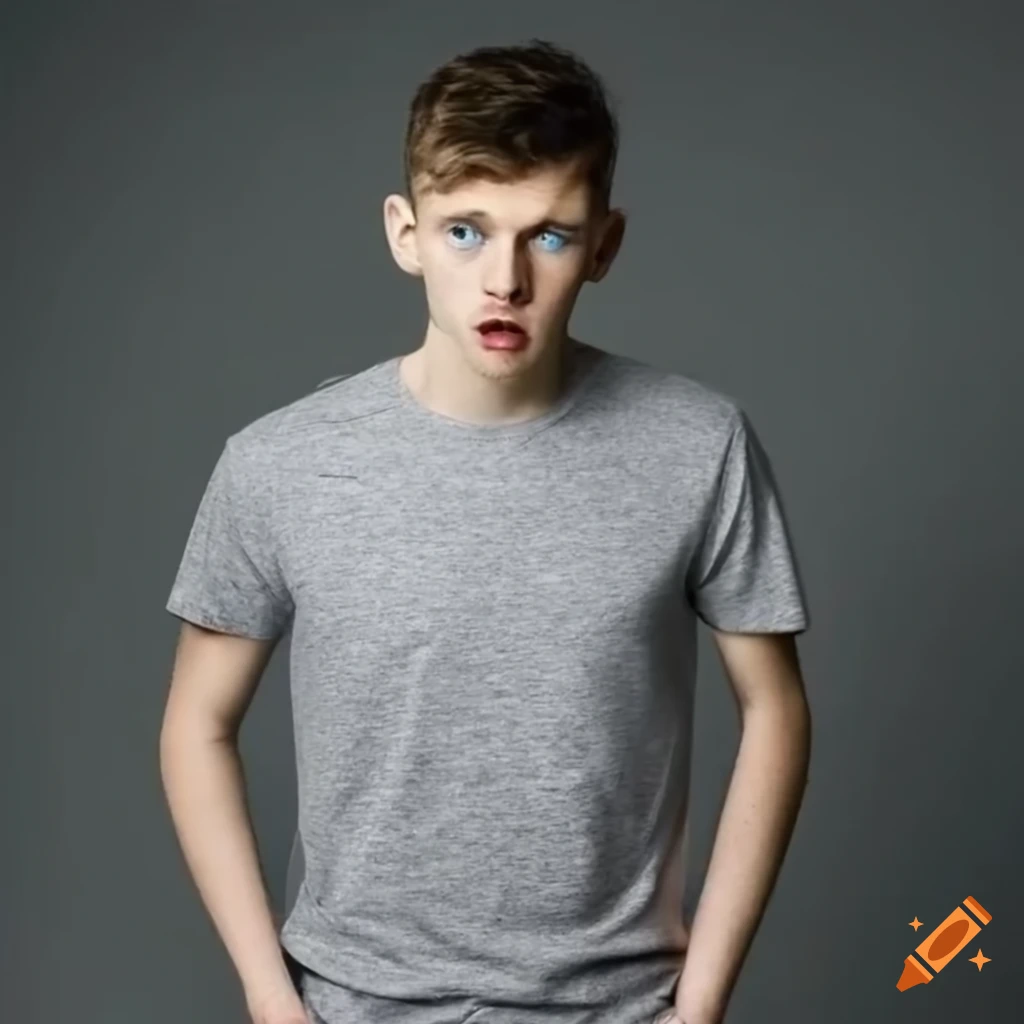 White guy with blue eyes in heather gray t-shirt looking terrified