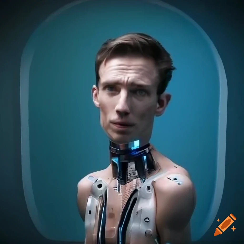 Photorealistic image of a cybernetic male in a futuristic utopian setting