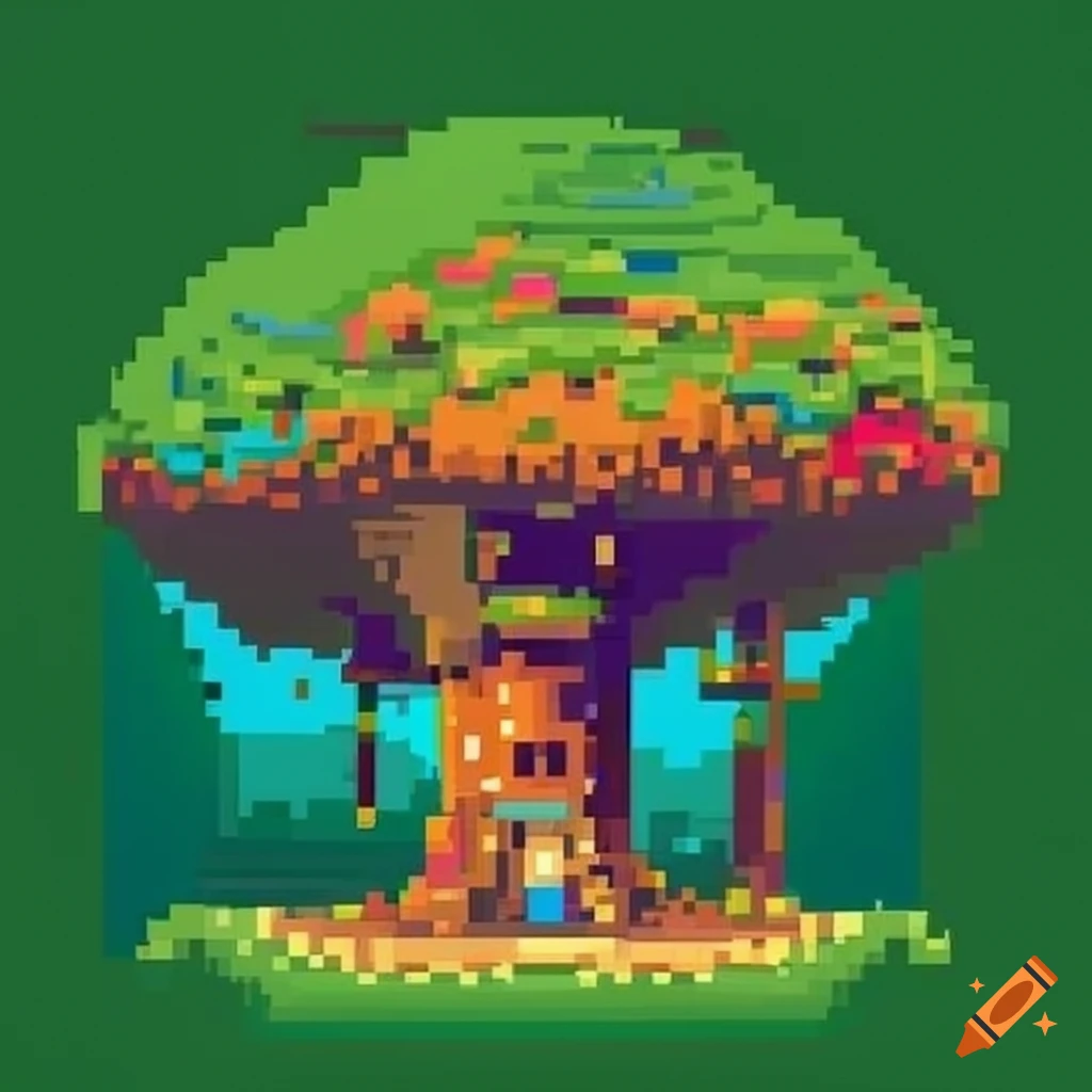 Pixel art of a majestic treehouse in a forest